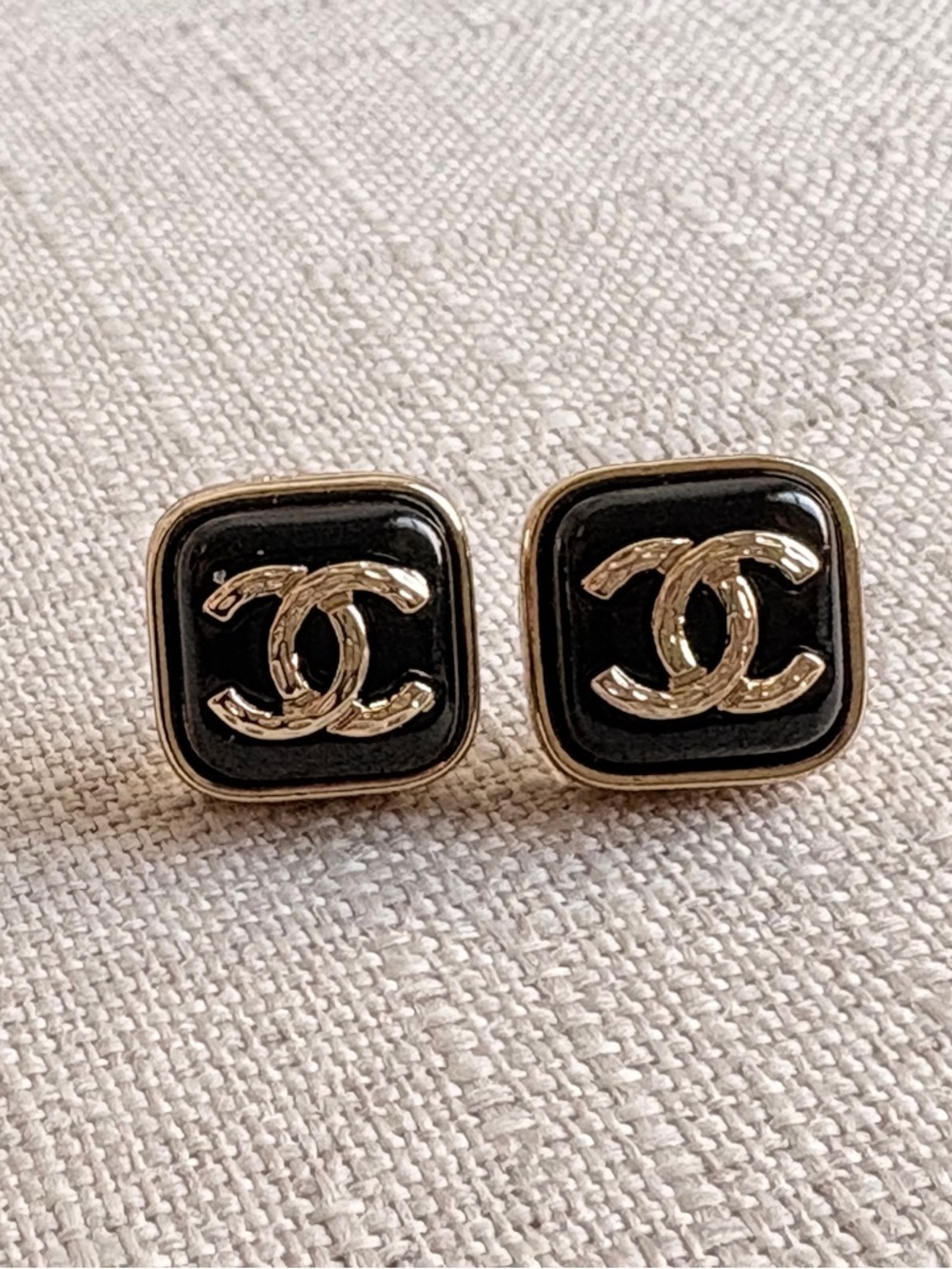 CHANEL Black and Gold Square CC Logo Clip-On Earrings